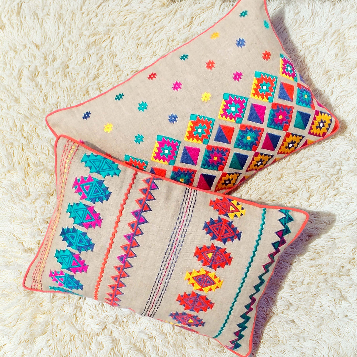 Folk Kilim Diamond Embroidered Linen Cushion Cover