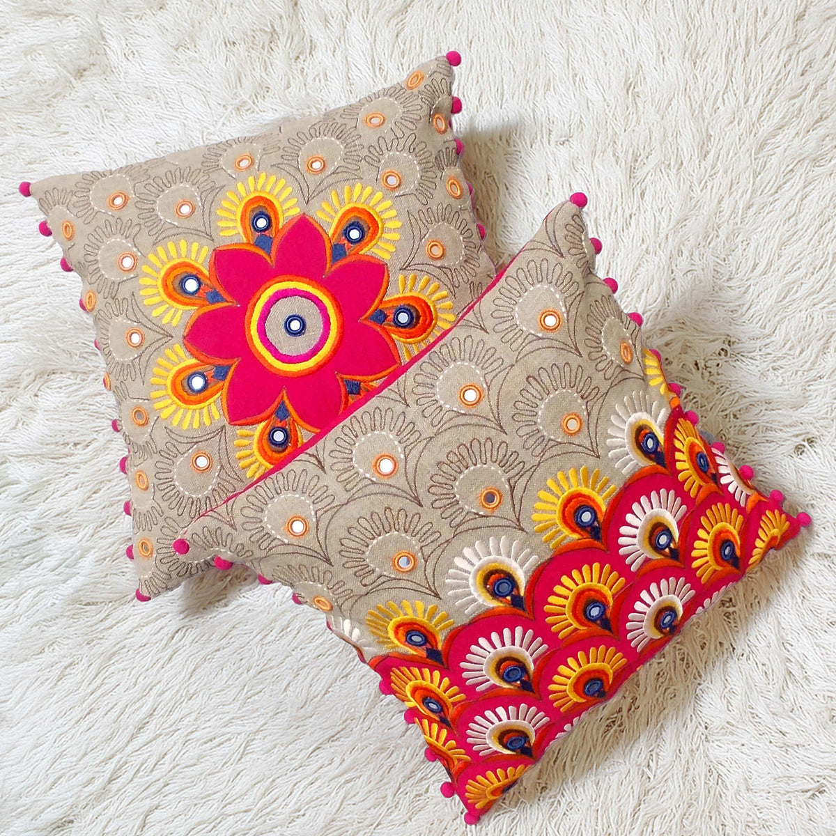 Folk Kutch Centre Embroidered Linen Cushion Cover