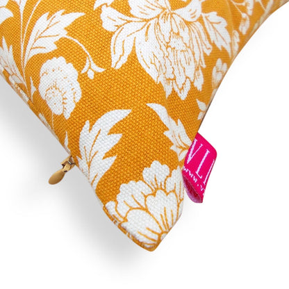 Yellow Mustard Kalamkari Cotton Cushion Cover – White Floral Print | Reversible | 4 Sizes