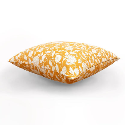 Yellow Mustard Kalamkari Cotton Cushion Cover – White Floral Print | Reversible | 4 Sizes