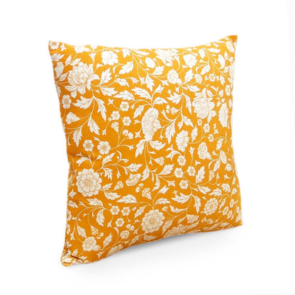 Yellow Mustard Kalamkari Cotton Cushion Cover – White Floral Print | Reversible | 4 Sizes