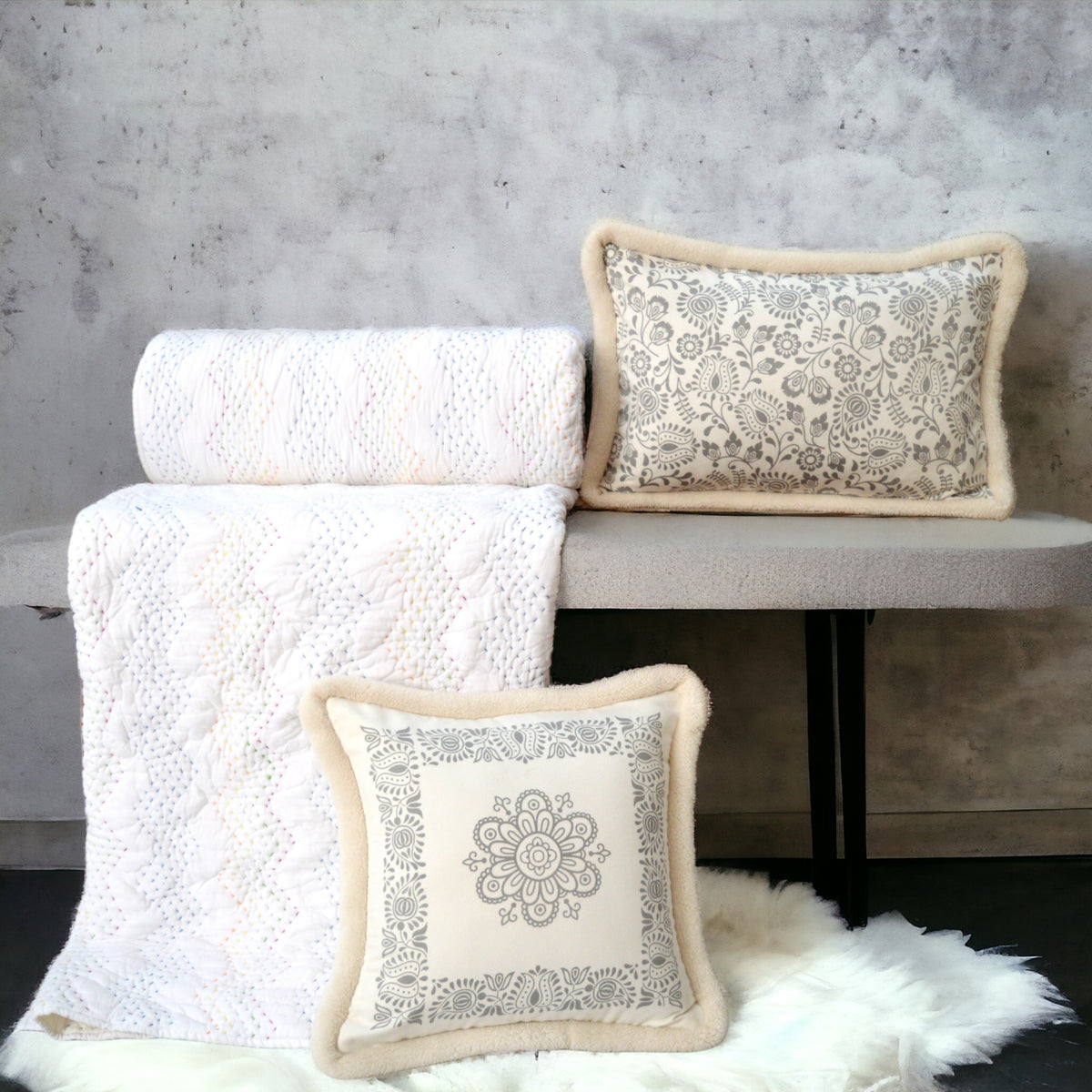 Svenska - Off White Engineered Print Cushion Cover | Faux Suede | Nordic Style