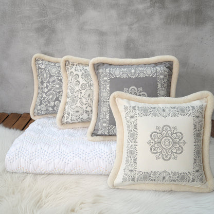 Svenska - Grey & Off White Lumbar Cushion Cover | Faux Suede | Khari Print | Nordic Style
