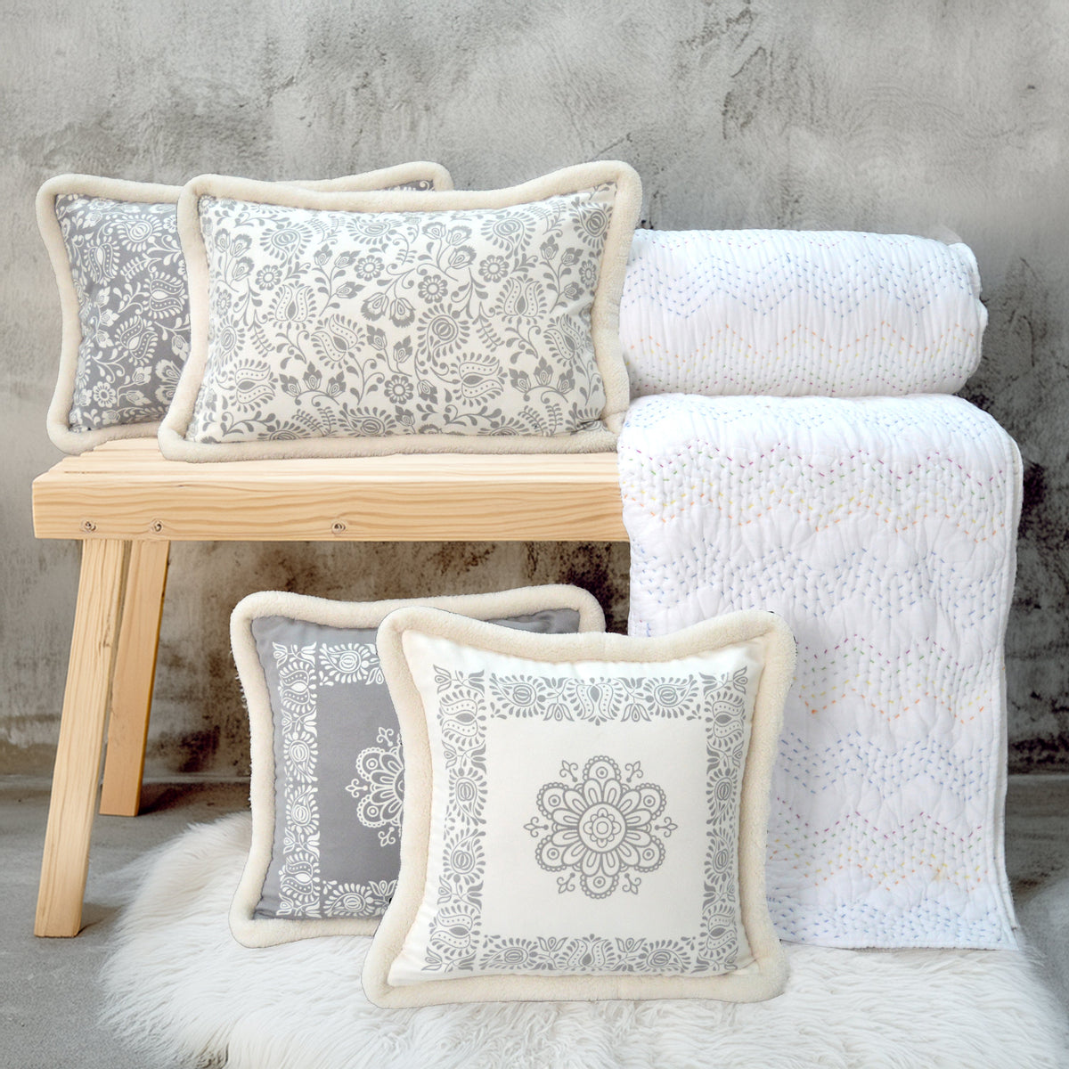 Svenska - Off White Engineered Print Cushion Cover | Faux Suede | Nordic Style