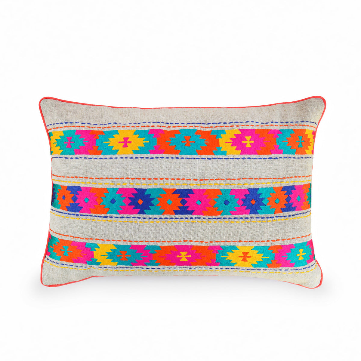 Folk Kilim Embroidered Linen Cushion Cover – Patti Pattern, Boho Ethnic