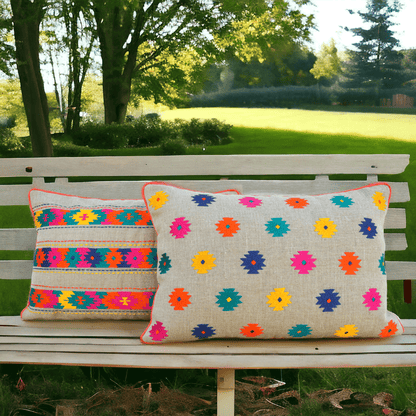 Folk Kilim Booti Embroidered Linen Cushion Cover – Multicolour | 14×21" & 20×20" | Vliving