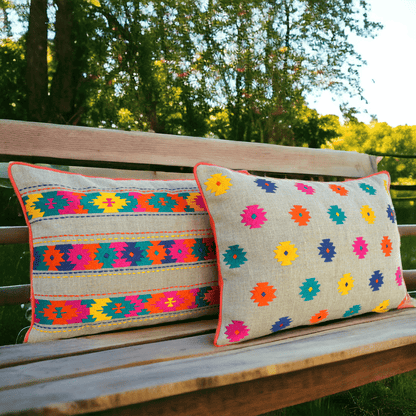 Folk Kilim Booti Embroidered Linen Cushion Cover – Multicolour | 14×21" & 20×20" | Vliving