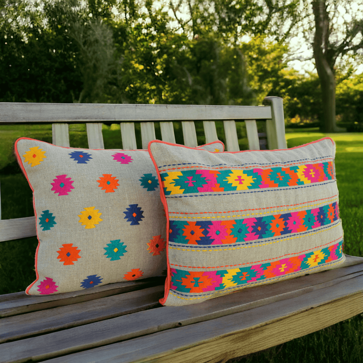 Folk Kilim Embroidered Linen Cushion Cover – Patti Pattern, Boho Ethnic