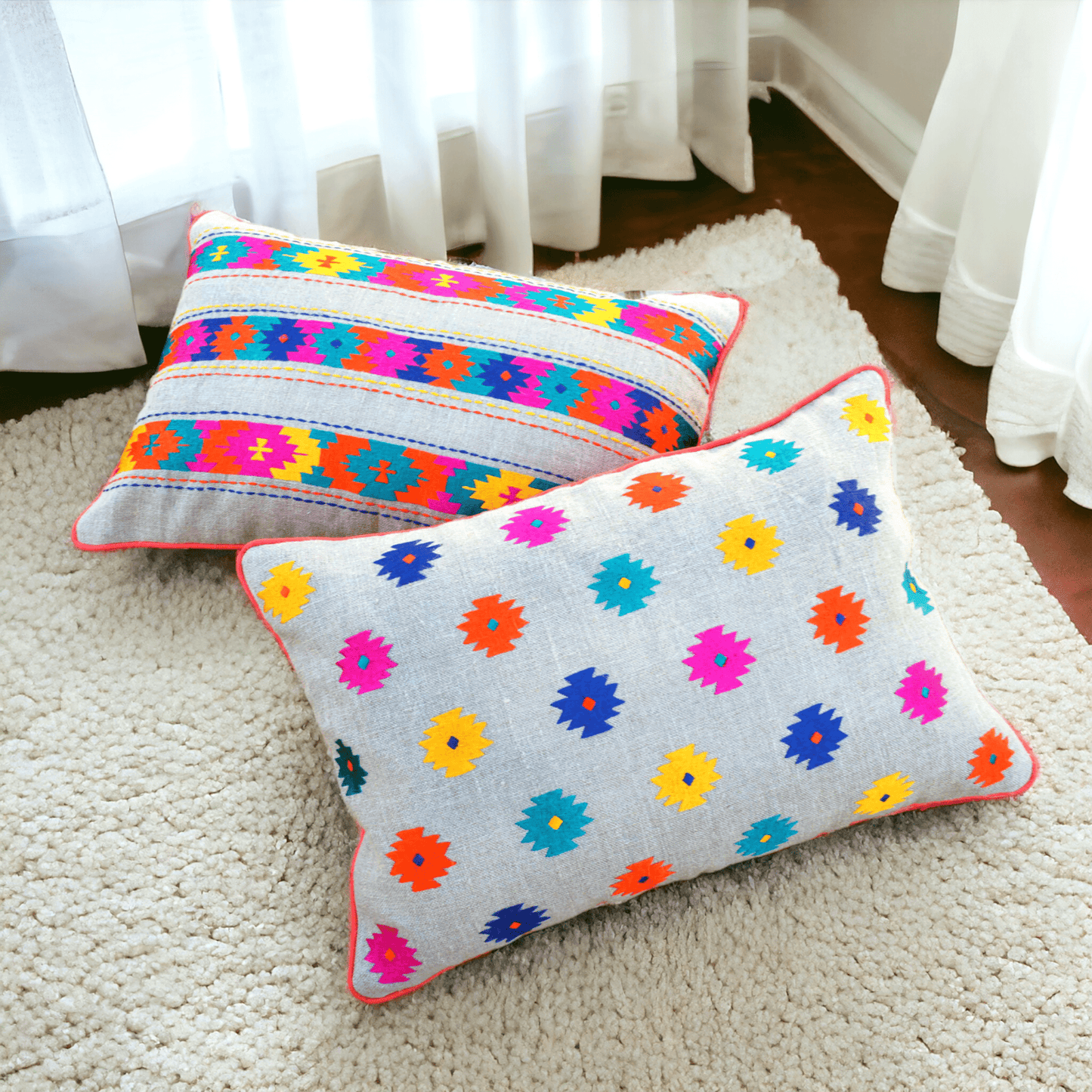 Vliving Folk Kilim Embroidered Linen Cushion Cover – Patti Pattern