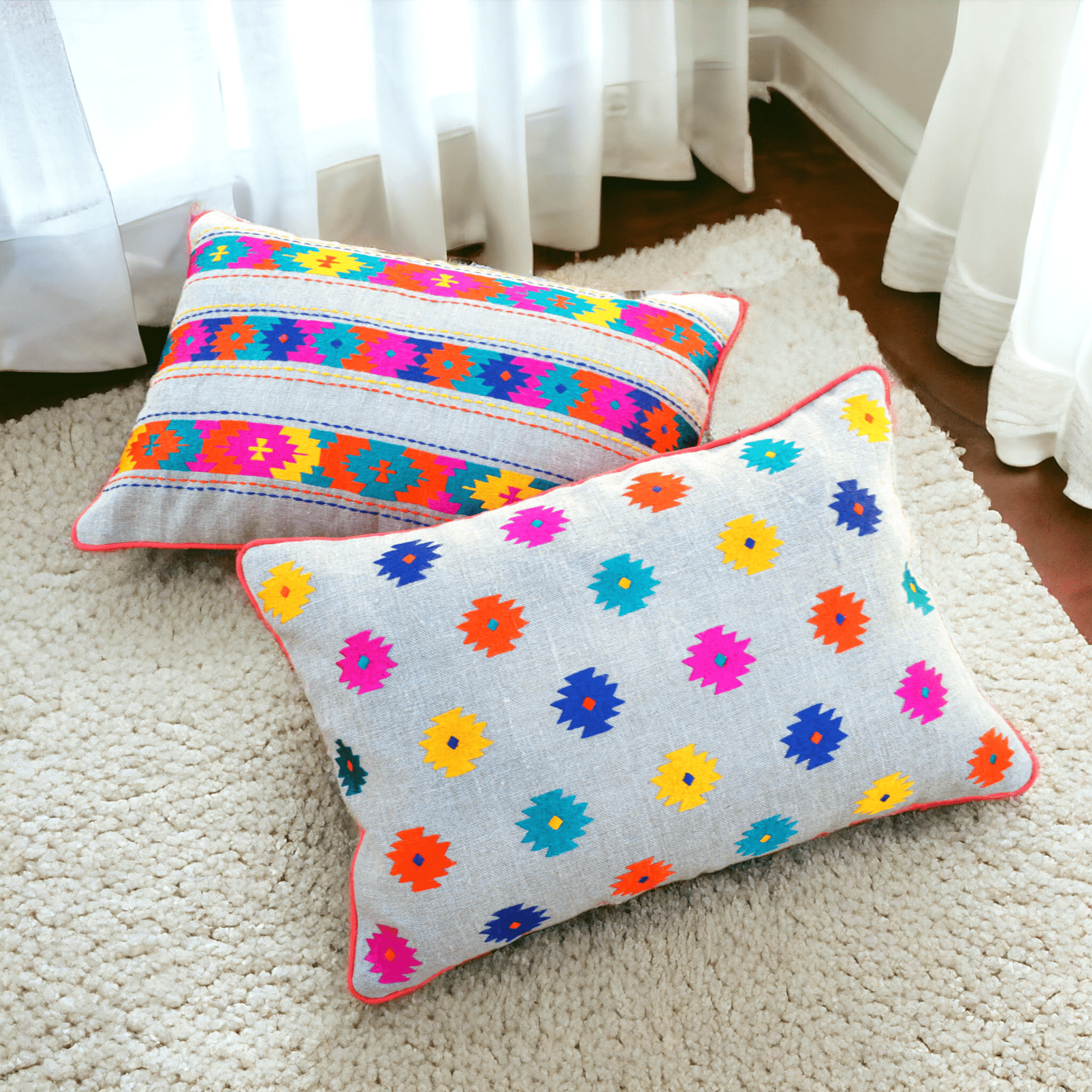 Vliving Folk Kilim Embroidered Linen Cushion Cover – Patti Pattern