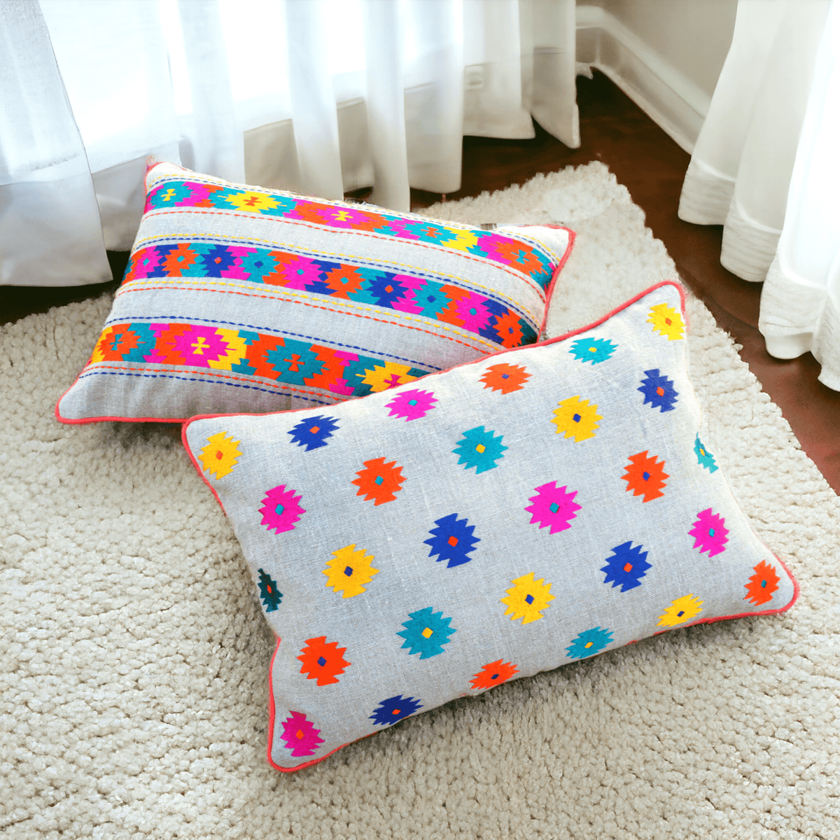 Folk Kilim Embroidered Linen Cushion Cover – Patti Pattern, Boho Ethnic