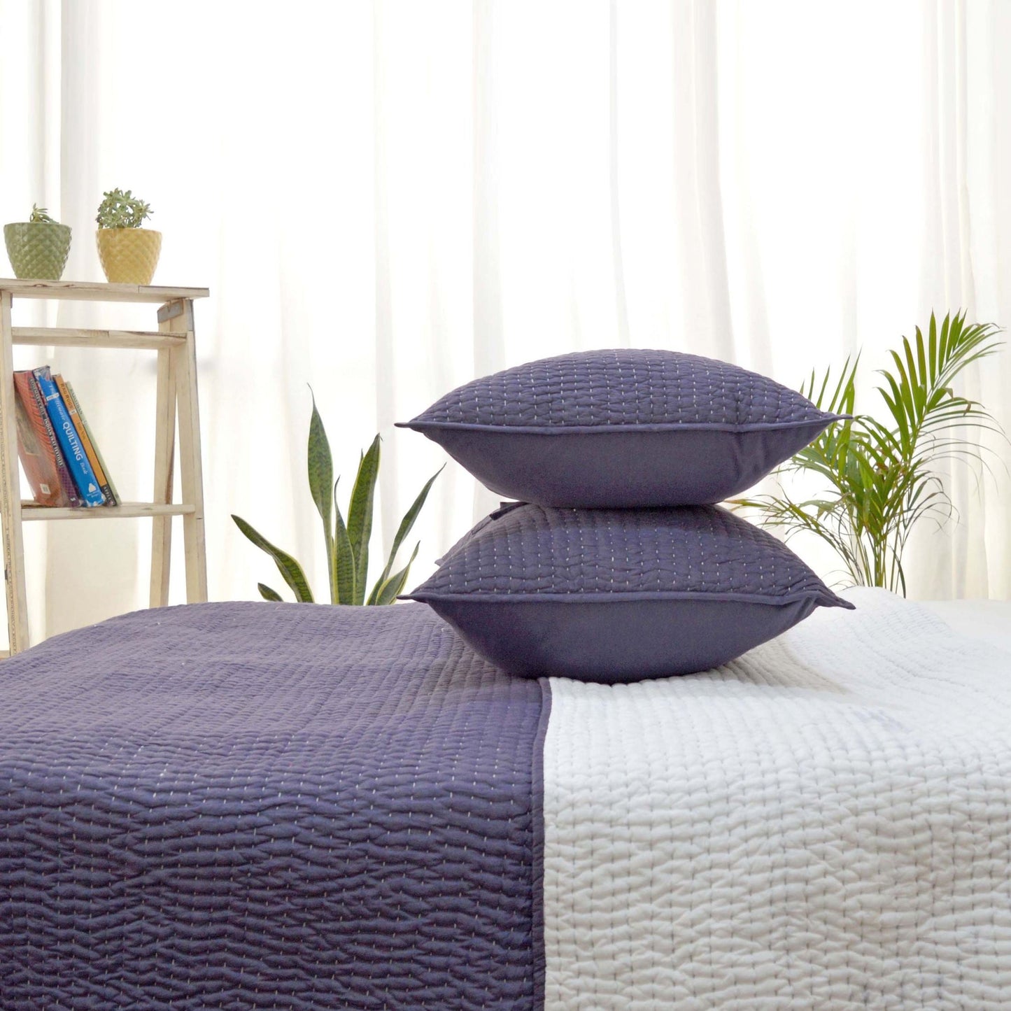 Lavender Hand‑Quilted Kantha Stripe Quilt Soft Premium Cotton Bedspread