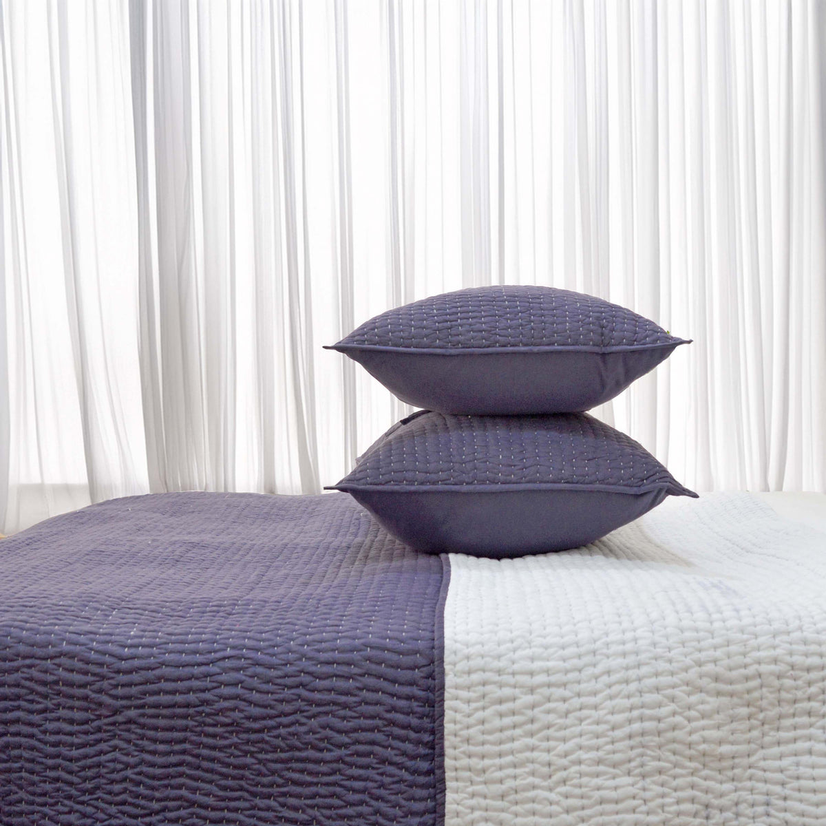 Lavender Kantha Quilted Bed Set | Stripe Pattern | Handmade | Twin, Queen & King