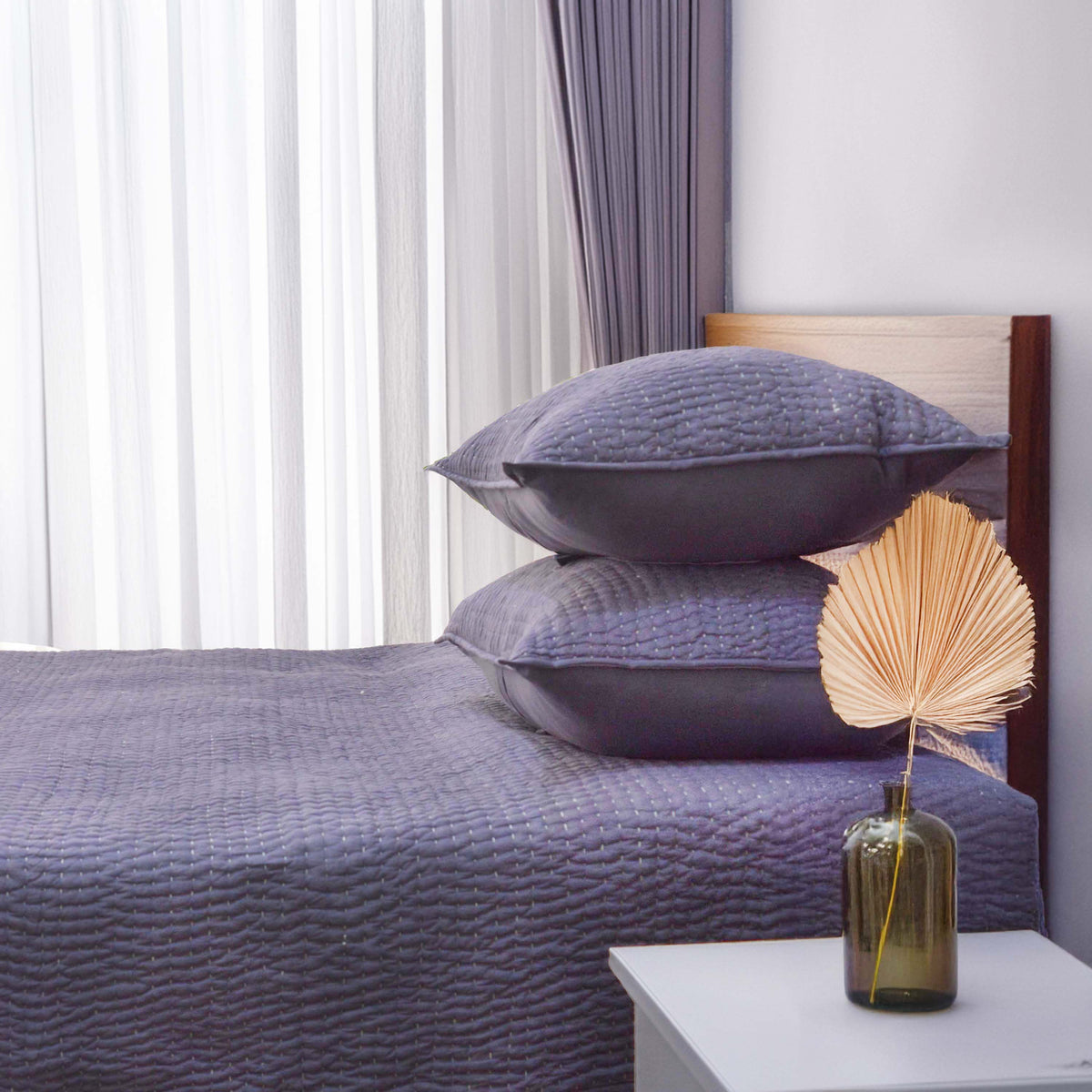 Lavender Kantha Quilted Bed Set | Stripe Pattern | Handmade | Twin, Queen & King