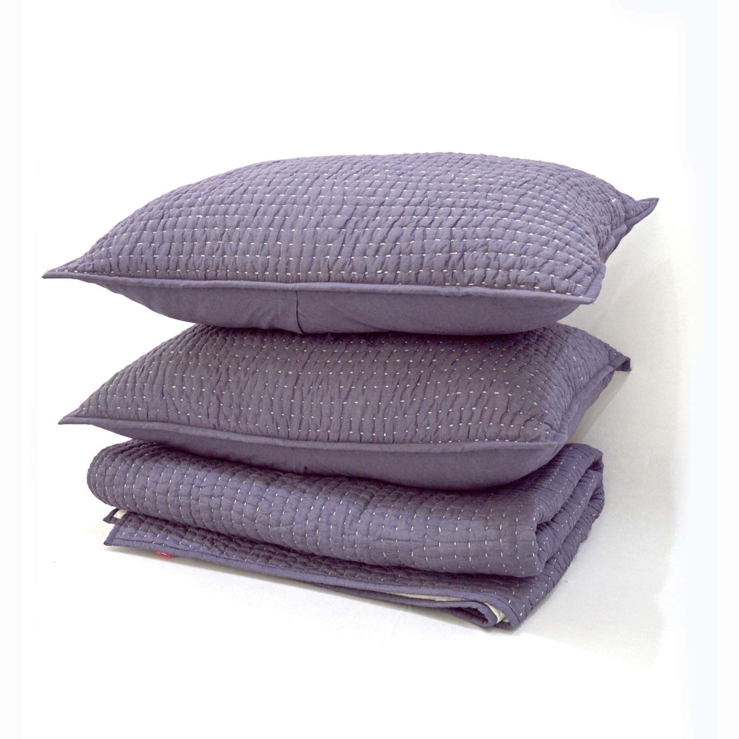Lavender Handcrafted Kantha Quilted Bed Set with Stripe Pattern