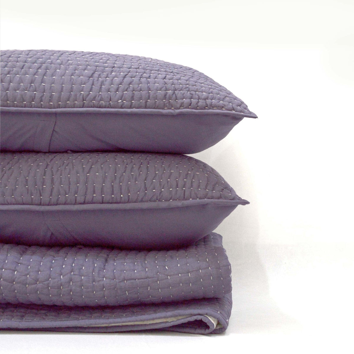 Lavender Kantha Quilted Bed Set | Stripe Pattern | Handmade | Twin, Queen & King