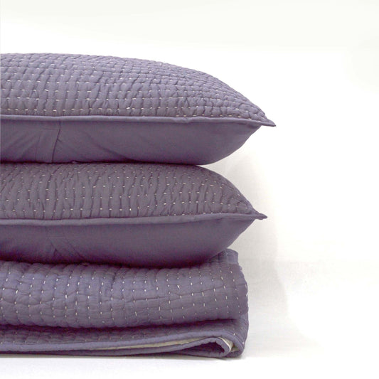 Lavender Handcrafted Kantha Quilted Bed Set with Stripe Pattern