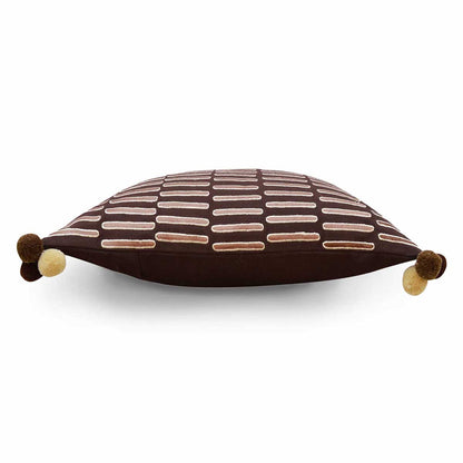 Mola Inspired Brown & Beige Embroidered Cushion Cover – Dash Pattern, Pompom Corners, 3 Sizes