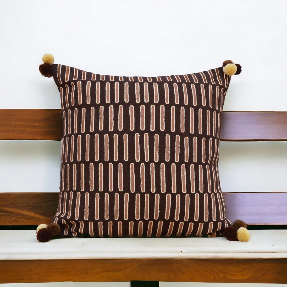 Mola Inspired Brown & Beige Embroidered Cushion Cover – Dash Pattern, Pompom Corners, 3 Sizes