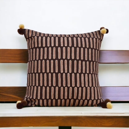 Mola Inspired Brown & Beige Embroidered Cushion Cover – Dash Pattern, Pompom Corners, 3 Sizes