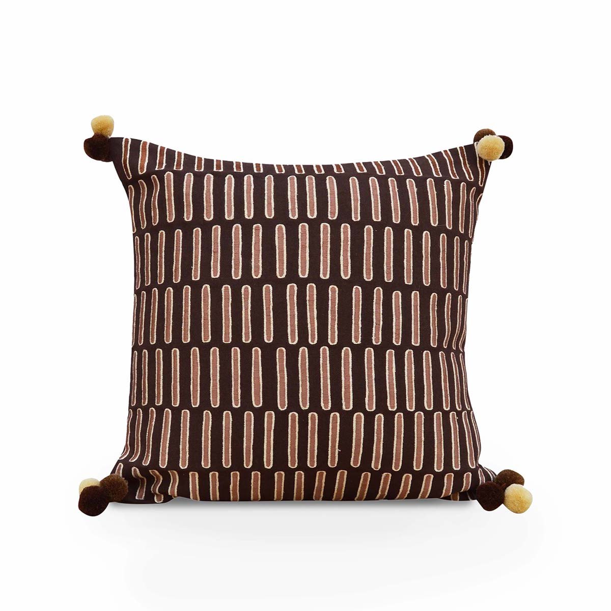 Mola Inspired Brown & Beige Embroidered Cushion Cover – Dash Pattern, Pompom Corners, 3 Sizes