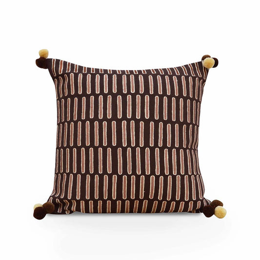 Mola Inspired Brown & Beige Embroidered Cushion Cover – Dash Pattern, Pompom Corners, 3 Sizes