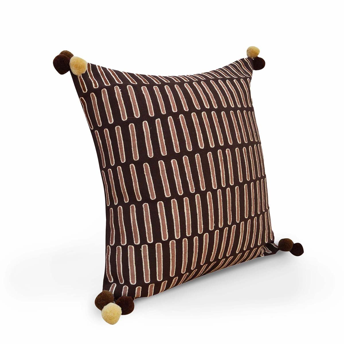 Mola Inspired Brown & Beige Embroidered Cushion Cover – Dash Pattern, Pompom Corners, 3 Sizes