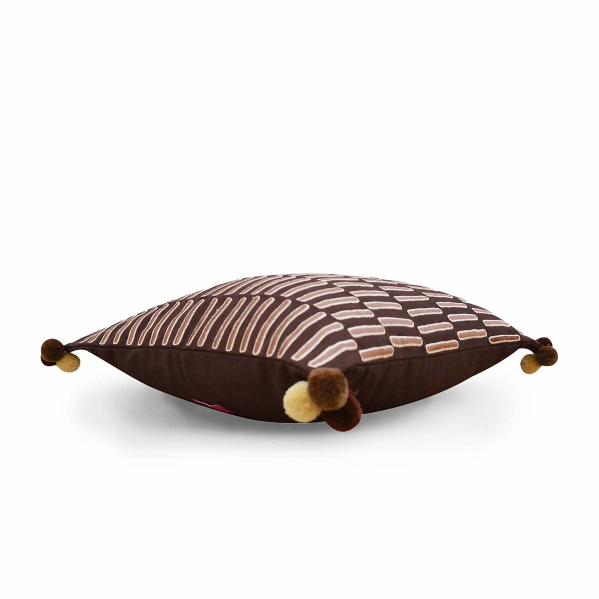 Mola Inspired Brown & Beige Embroidered Cushion Cover – Dash Pattern, Pompom Corners, 3 Sizes