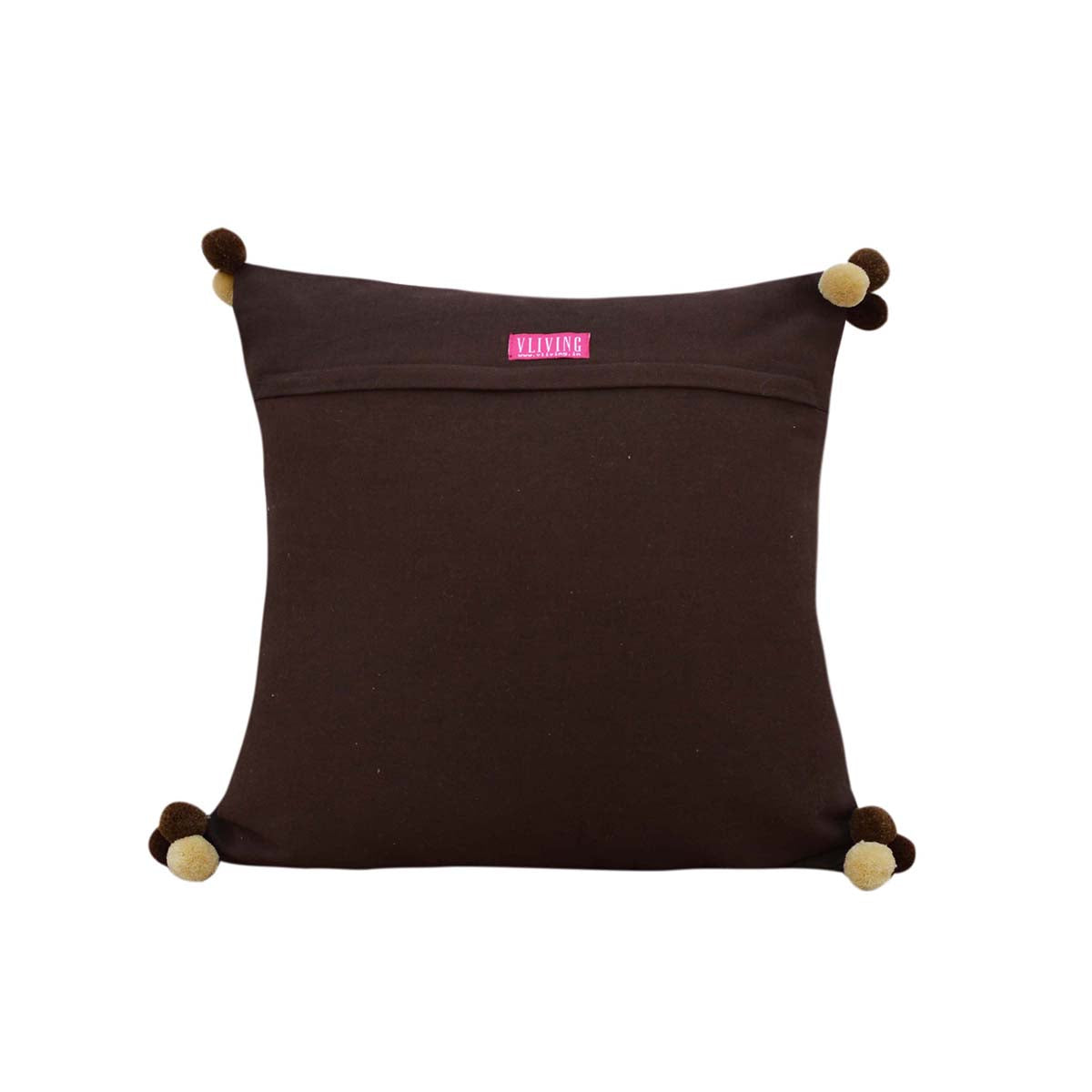 Mola Inspired Dark Brown Embroidered Cushion Cover – Beige Geometric Embroidery, Pompom Corners, 3 Sizes