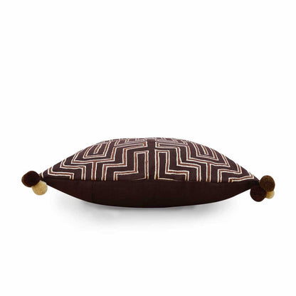 Mola Inspired Dark Brown Embroidered Cushion Cover – Beige Geometric Embroidery, Pompom Corners, 3 Sizes