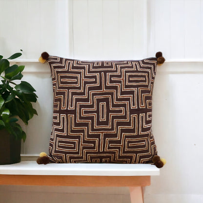 Mola Inspired Dark Brown Embroidered Cushion Cover – Beige Geometric Embroidery, Pompom Corners, 3 Sizes