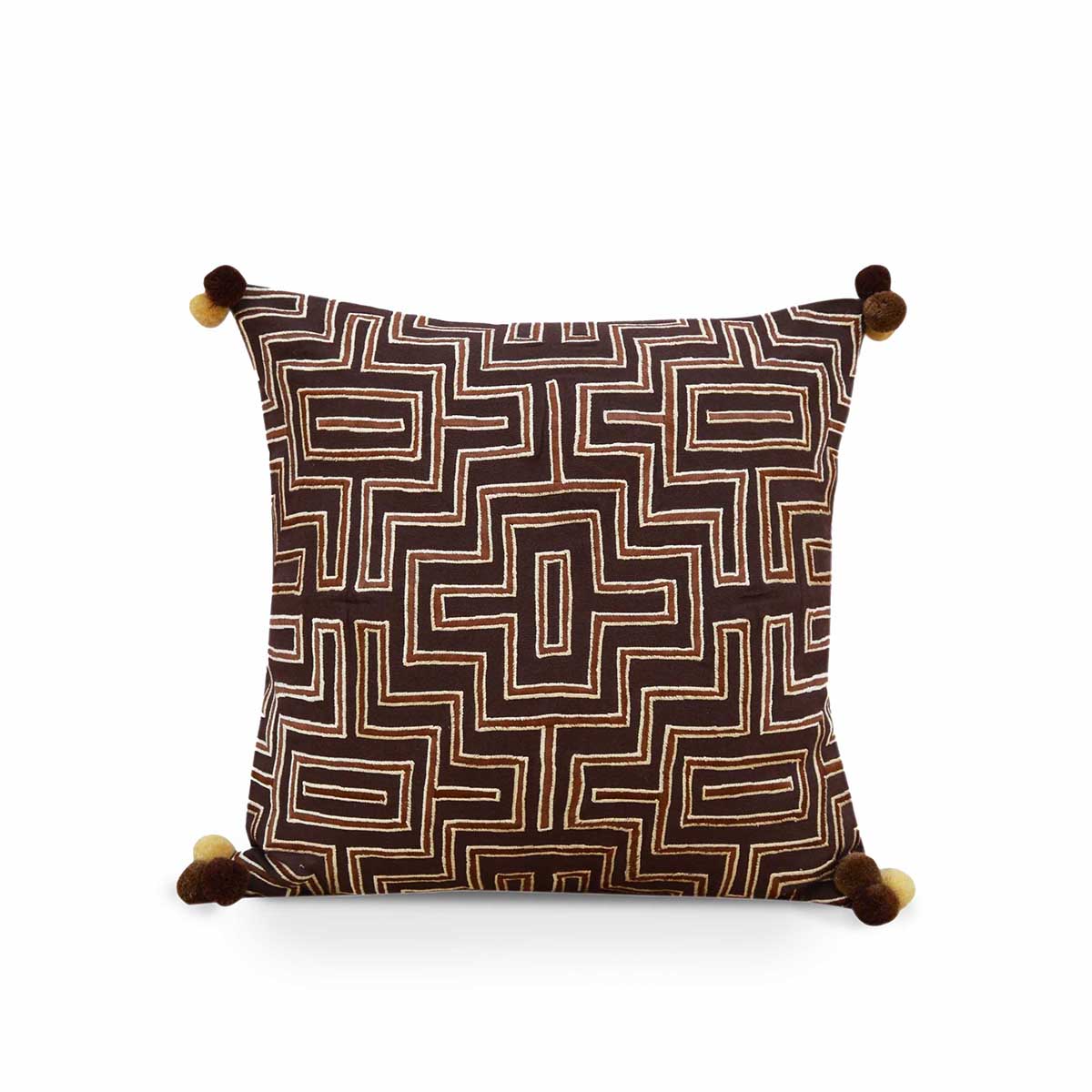 Mola Inspired Dark Brown Embroidered Cushion Cover – Beige Geometric Embroidery, Pompom Corners, 3 Sizes