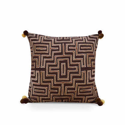 Mola Inspired Dark Brown Embroidered Cushion Cover – Beige Geometric Embroidery, Pompom Corners, 3 Sizes