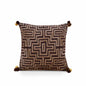 Mola Inspired Dark Brown Embroidered Cushion Cover – Beige Geometric Embroidery, Pompom Corners, 3 Sizes