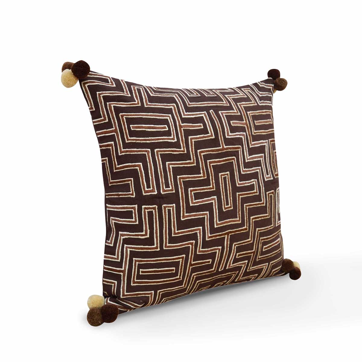 Mola Inspired Dark Brown Embroidered Cushion Cover – Beige Geometric Embroidery, Pompom Corners, 3 Sizes