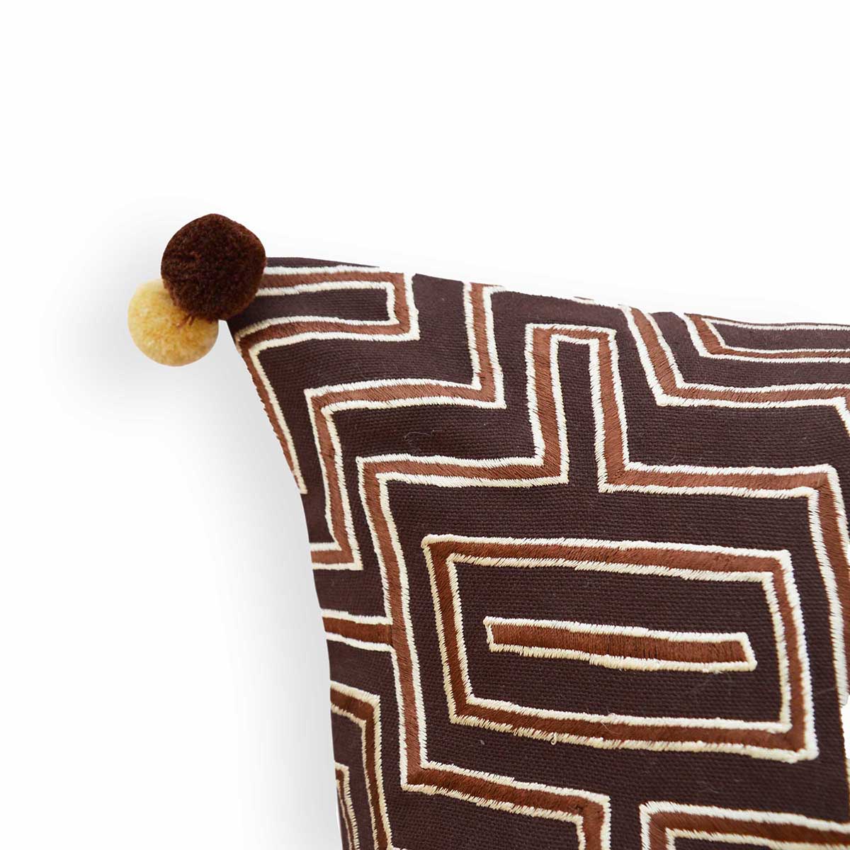 Mola Inspired Dark Brown Embroidered Cushion Cover – Beige Geometric Embroidery, Pompom Corners, 3 Sizes