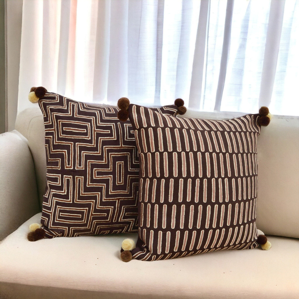 Mola Inspired Dark Brown Embroidered Cushion Cover – Beige Geometric Embroidery, Pompom Corners, 3 Sizes