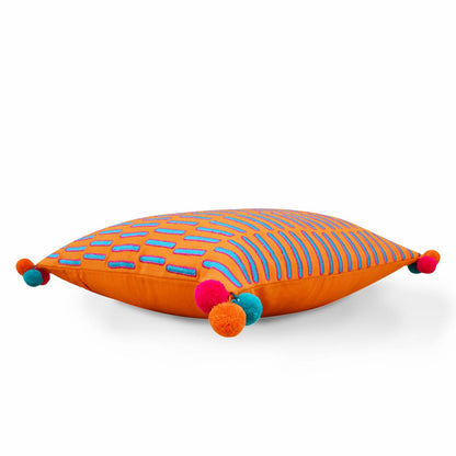 Mola Tangerine Orange Cotton Cushion Cover – Teal & Pink Embroidery, Pompom Corners | 3 Sizes