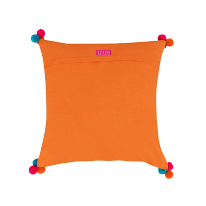 Mola Tangerine Orange Cotton Cushion Cover – Teal & Pink Embroidery, Pompom Corners | 3 Sizes