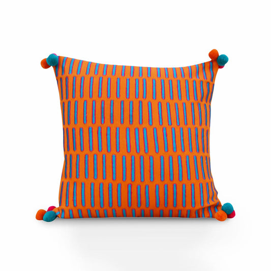 Mola Tangerine Orange Cotton Cushion Cover – Teal & Pink Embroidery, Pompom Corners | 3 Sizes