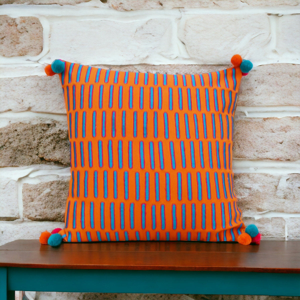 Mola Tangerine Orange Cotton Cushion Cover – Teal & Pink Embroidery, Pompom Corners | 3 Sizes