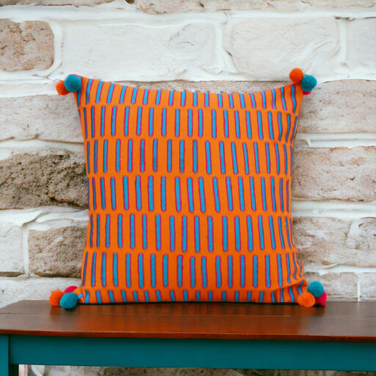 Mola Tangerine Orange Cotton Cushion Cover – Teal & Pink Embroidery, Pompom Corners | 3 Sizes