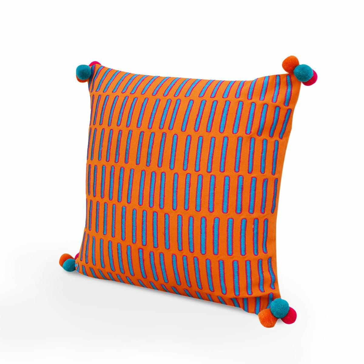 Mola Tangerine Orange Cotton Cushion Cover – Teal & Pink Embroidery, Pompom Corners | 3 Sizes