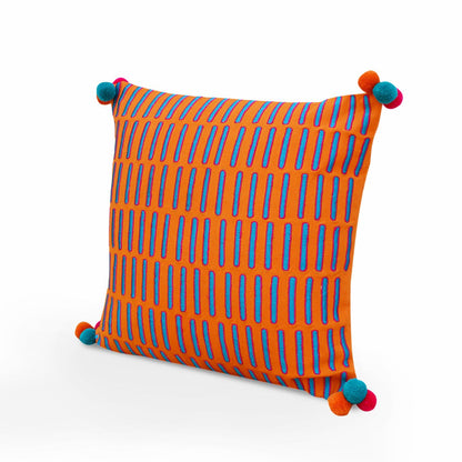 Mola Tangerine Orange Cotton Cushion Cover – Teal & Pink Embroidery, Pompom Corners | 3 Sizes
