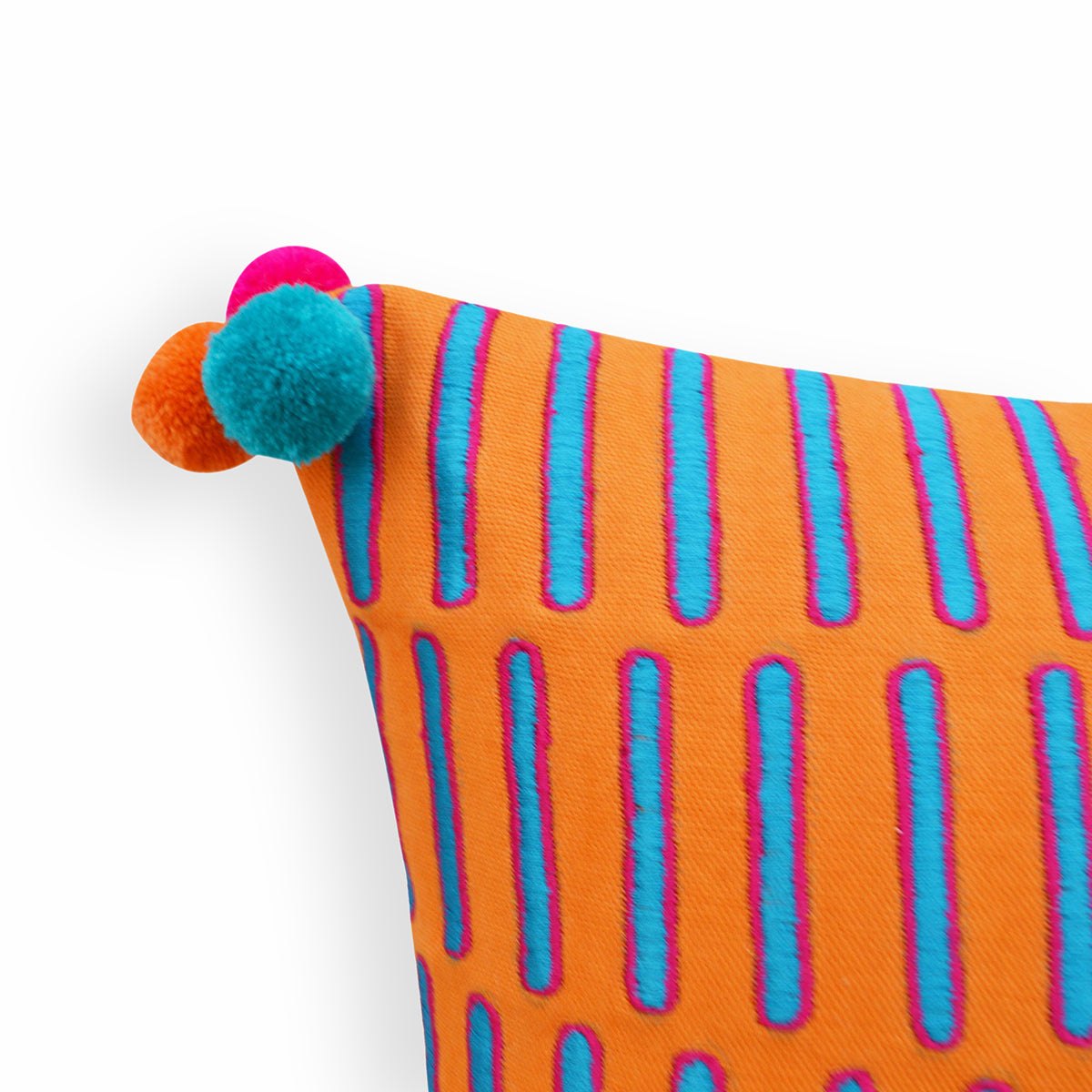 Mola Tangerine Orange Cotton Cushion Cover – Teal & Pink Embroidery, Pompom Corners | 3 Sizes