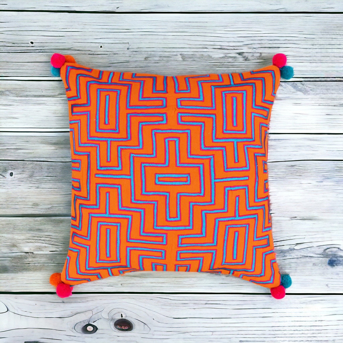 Mola Inspired Tangerine Orange Embroidered Cushion Cover – Blue & Pink Pompom Corners, 3 Sizes