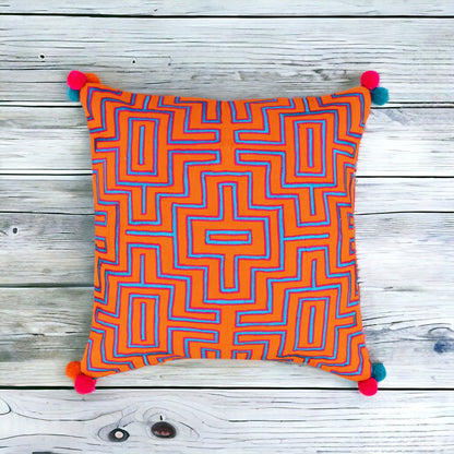 Mola Inspired Tangerine Orange Embroidered Cushion Cover – Blue & Pink Pompom Corners, 3 Sizes