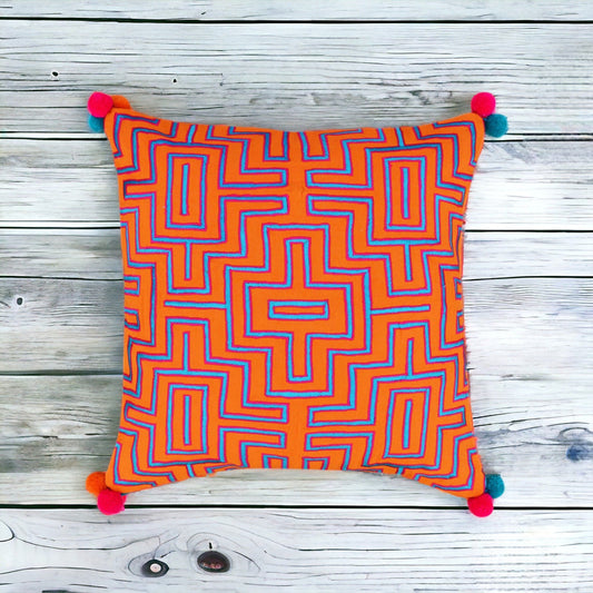 Mola Inspired Tangerine Orange Embroidered Cushion Cover – Blue & Pink Pompom Corners, 3 Sizes
