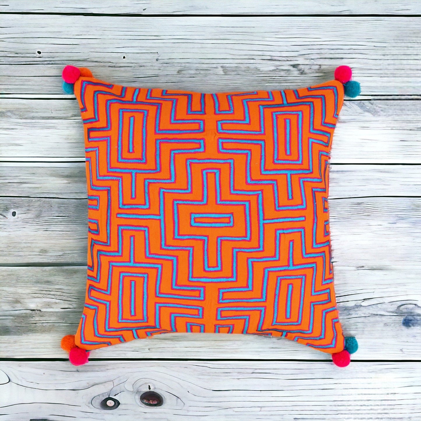Tangerine Mola Embroidered Cotton Pillow Cover Vibrant Orange