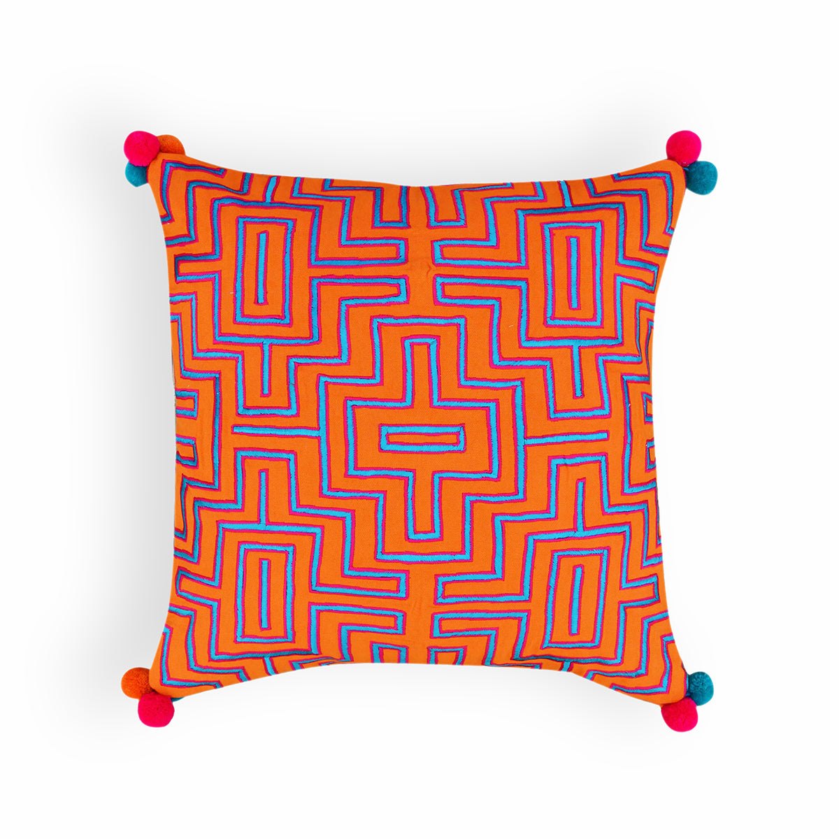 Mola Inspired Tangerine Orange Embroidered Cushion Cover – Blue & Pink Pompom Corners, 3 Sizes